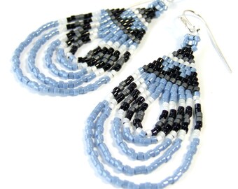 Light Blue Earrings Boho Dangle Earrings Geometric Seed Bead Earrings Bohemian Gifts For Her Sky Blue Earrings Handmade Jewelry Sterling
