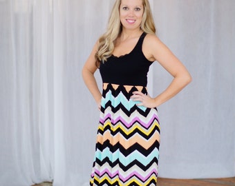 The Multi Black & Pastel Chevron Maxi-Tank Dress -- Women's Maxi Dress -- Jersey Cotton Knit Dress -- Custom Made to Measure