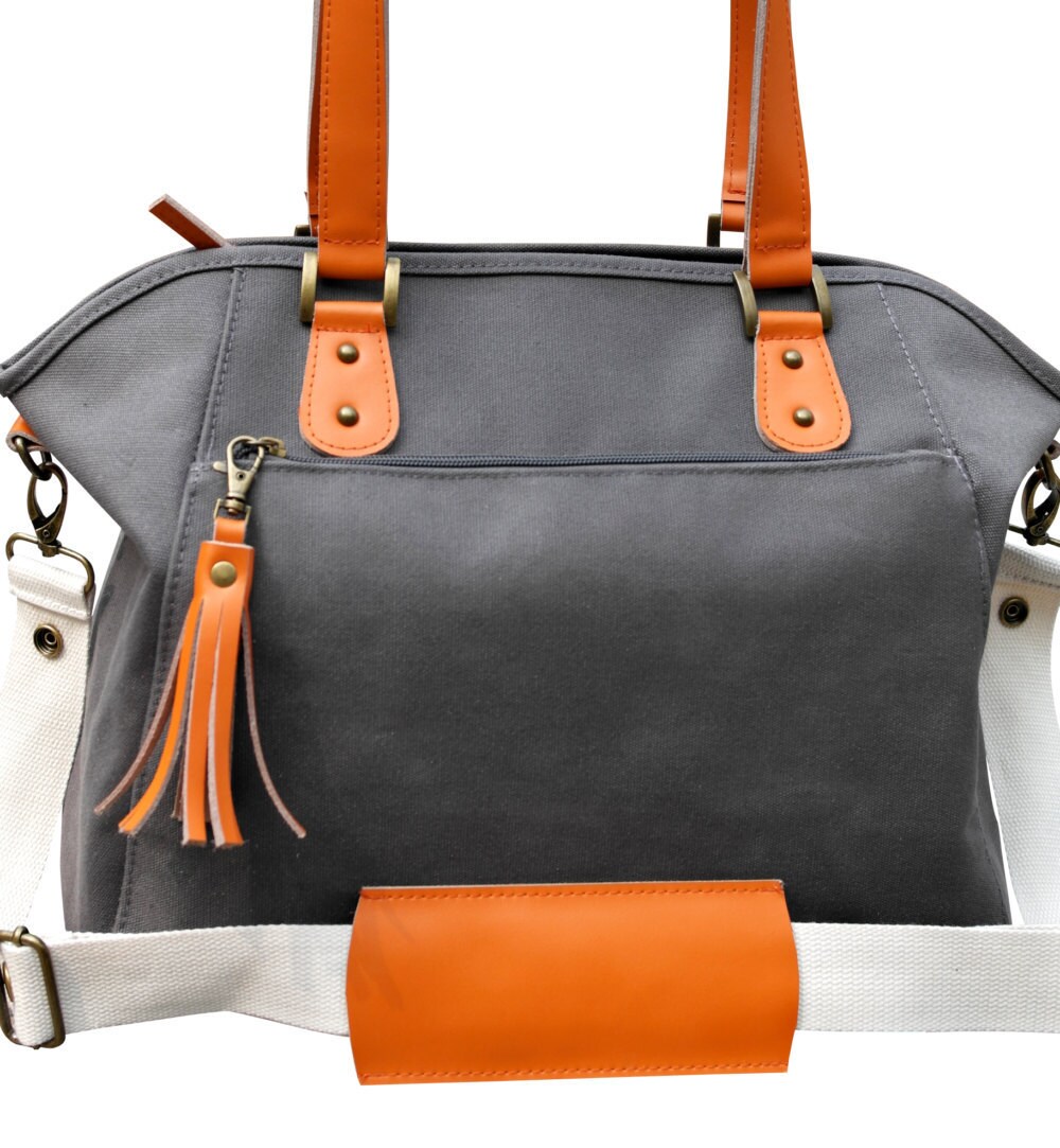 Diaper Bag Grey Canvas Leather Tote Diaper by TheYellowPacifier