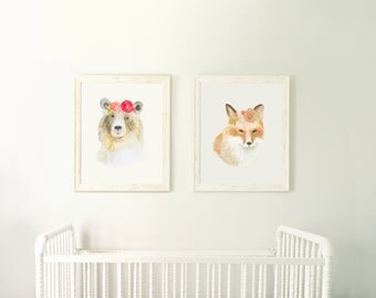 Bear & Fox Print Package - Woodland Animals Set - Digital Download Prints - Forest Animal Nursery - Prints Series - Gender Neutral Nursery