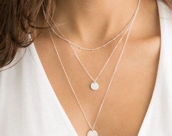 Sterling Silver, Gold or Rose Gold Layered Disk Necklaces • Custom Hand Stamped & Personalized Initial Disc Layering Necklaces • LS907