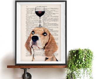 Beagle Print, beagle artwork, French design, black and white, beagle poster Art Print on recycled french book page
