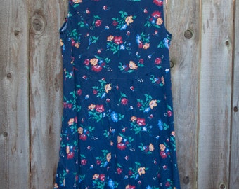 1990s Plus Size Vintage Navy Blue Floral Cotton Sundress Dress