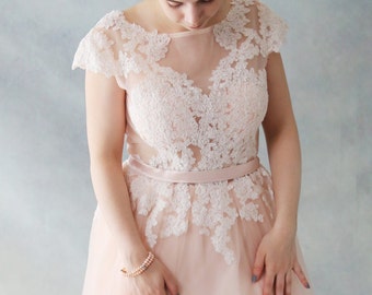 SALE-Rose Tea -Short Knee Length Blush Lace Wedding Dress with Cap Sleeves. - AM1982985
