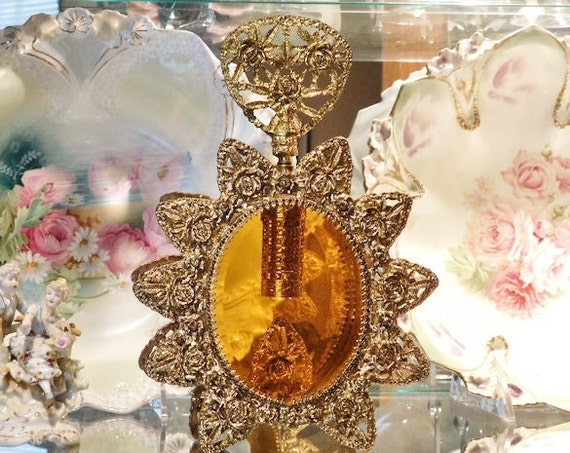 1940s Perfume Bottle Hollywood Regency Amber Glass Filigree Ormolu Roses Beveled Crystal 24 Karat Gold Plated French Style Vanity Boudoir