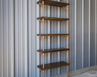 Industrial Pipe Shelving Unit - Pipe shelf - Pipe bookcase - Pipe shelving - Industrial Bookshelves - Copper Color and Dark Walnut Pine