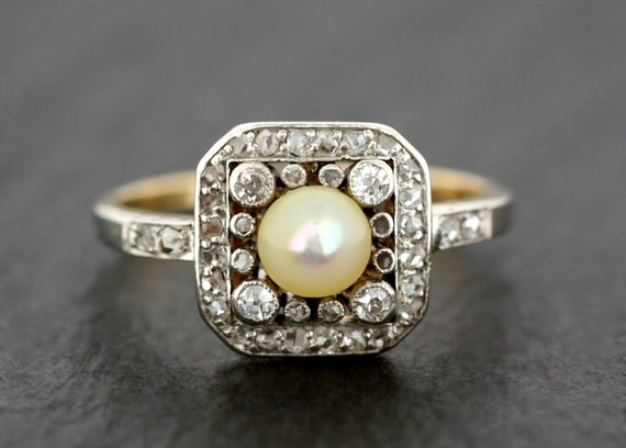 Antique Edwardian Ring - Antique Pearl & Diamond Ring - Gold and Platinum Antique Engagement Ring