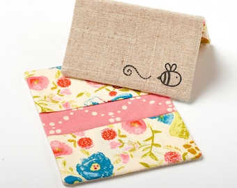Womens Pink Wallet, Floral Business Card Holder, Flower Card Case, Bee Wallet - Pink Blooms - Bee Gift