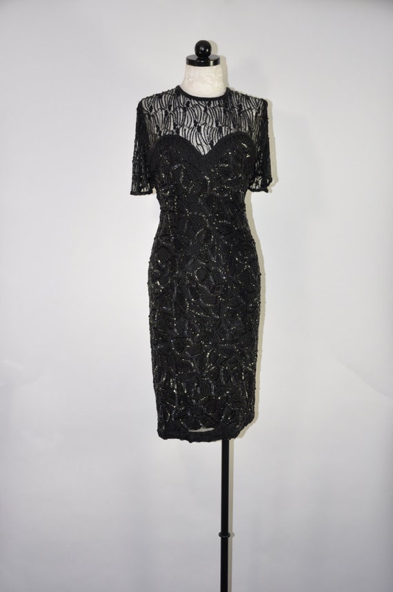 90s black sequin dress / vintage beaded silk dress / 1990s