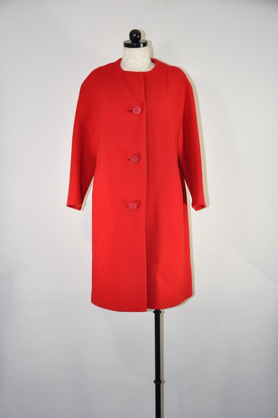 60s red wool coat / 1960s collarless coat / woven wool swing