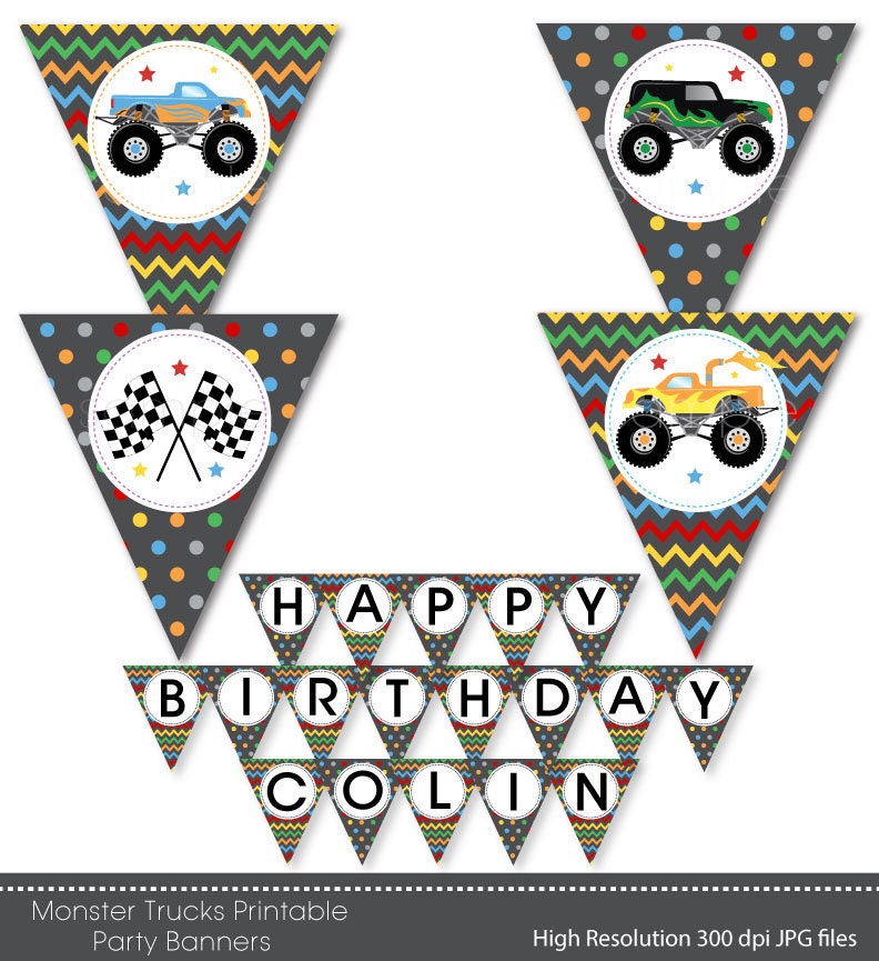 Monster Trucks Party Banners Bunting Flags by funkymushrooms