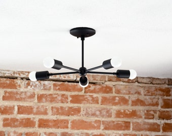 Free Shipping! Modern Chandelier Matte Black Five 5 Arm Pinwheel Bulb Sputnik Mid Century Semi Flush Edison Industrial Light UL Listed