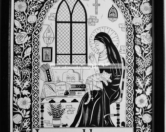 Julian of Norwich ~ Patron Saint of Cats & Contemplatives. A high quality, framed A4 print of an original artwork by ©Helen Zwerdling