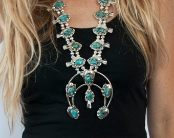 Genuine Turquoise Squash Blossom Necklace | Navajo Jewelry | Coral and Turquoise bohemian 70s Style Real Silver and Turquoise Naja Necklace