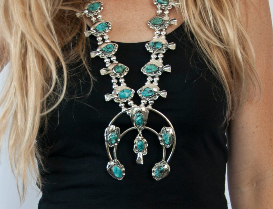 Genuine Turquoise Squash Blossom Necklace Navajo Jewelry