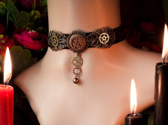 Velvet Steampunk Choker, Gear Necklace, Victorian Steampunk Choker by RedSelena steampunk buy now online