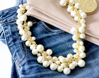 The Estelle Pearl Statement Necklace in Gold, Chunky Pearl Bib Necklace, Pearl Cluster Necklace, Pearl Bubble Necklace, Bridesmaid Necklace