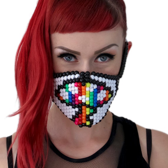 Rainbow Mushroom Kandi Mask Surgical EDC EDM by KandiGearOfficial