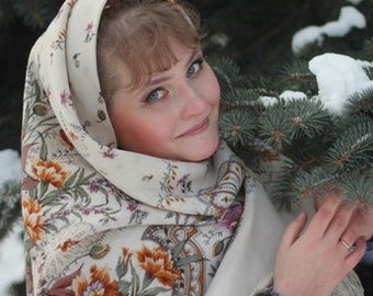 Russian wedding Shawl Pavlovo Posad White green Wool oversized Vintage Babushka Scarf 58'' Victorian Piano Boho Folk Floral New with tag