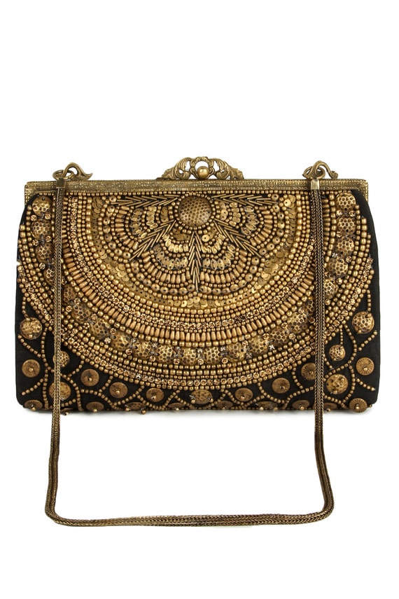Black Gold Beaded Evening Bag Handmade Clasp Purse Vintage Style Sequin Clutch | eBay