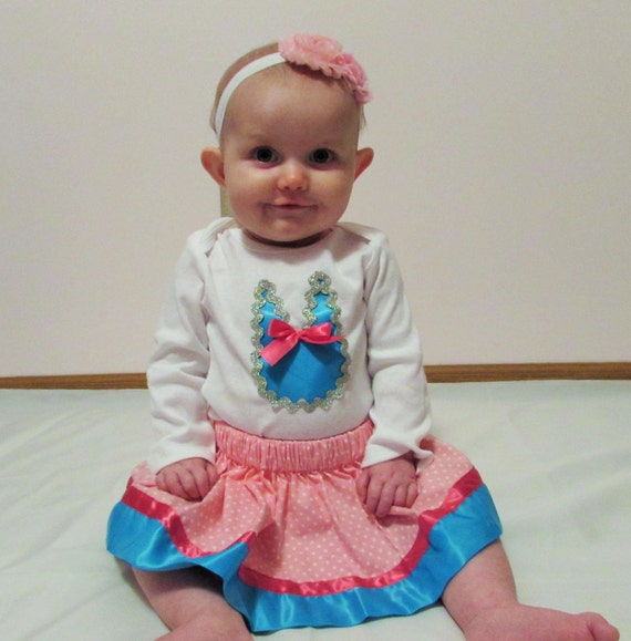 Bunny baby outfit/ dress/ pink polka dot / embelished/ shabby rose/ choice of 9 colors satin