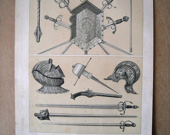 1879 Medieval Weapons of the fifteenth and sixteenth centuries. Authentic chromolithograph of nineteenth century