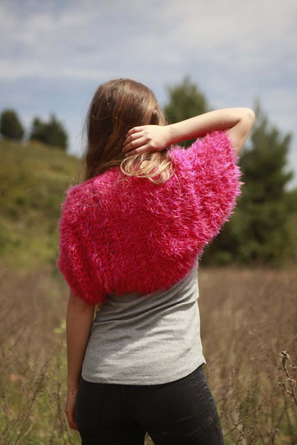 Pink shrug hand knitted shrug faux fur shrug hot pink soft
