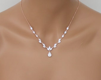 Rose gold necklace set, Bridal jewelry set, Bridesmaid jewelry, Rose Gold Wedding earrings, Rose Gold jewelry, Teardrop earrings, Simple