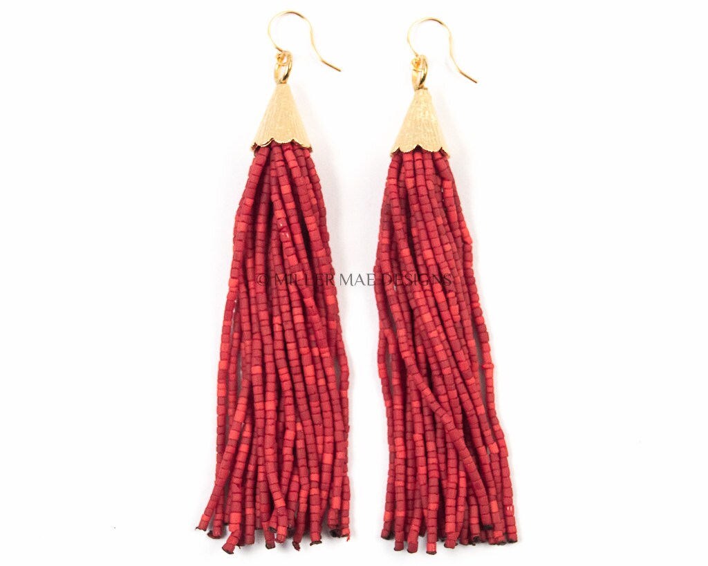 Red Beaded Tassel Earrings Long Tassel Earrings Bohemian