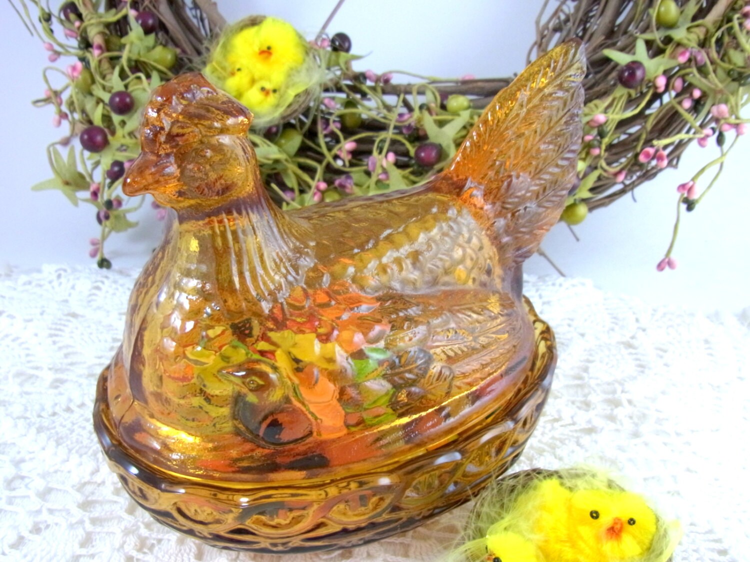Amber Glass Hen On A Nest Vintage Covered Candy Dish Spring