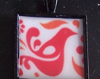 Pyrex Friendship pattern red bird handmade bezel pendant necklace keychain jewelry