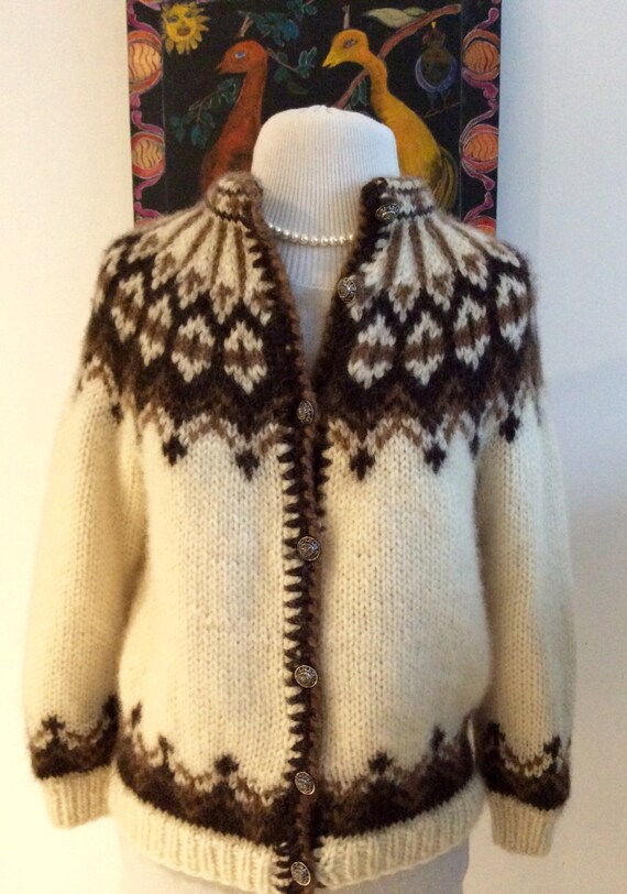 Hand knit handmade vintage Icelandic cardigan sweater brown
