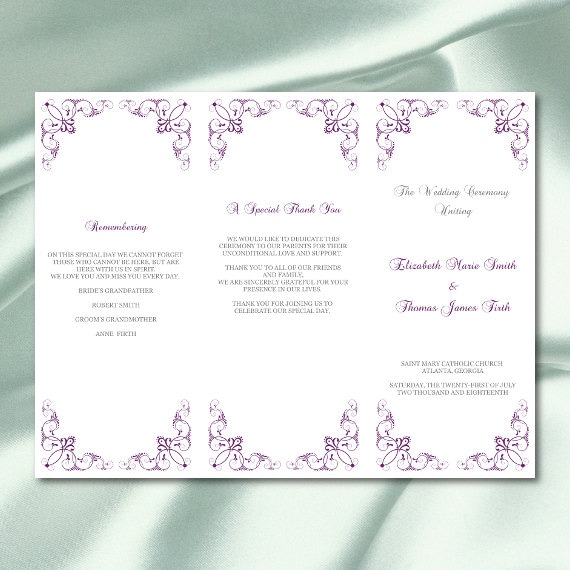 Wedding Program Template Plum Purple Tri Fold Ceremony