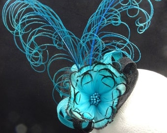 Turquoise and black fascinator, feather hatinator headpiece