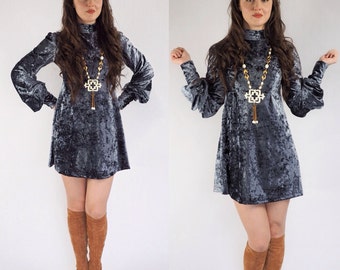 Grey Crushed Velvet 60's mod dress
