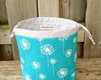 Sock Knitting Bag in Dandelion print, Knitting Project Bag for two at a time sock knitting, Drawstring Tote Bag - Small Socksack