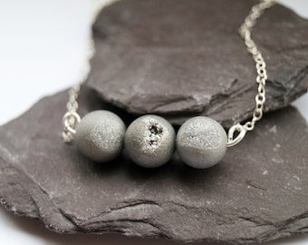 Grey Drusy Agate Sterling Silver Necklace ~ silver, gemstone, modern, minimal, bridesmaid, wedding, unique, monochrome, druzy, drusy, moon