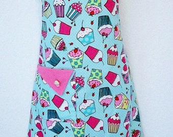 Cupcake Apron, Cute Retro Apron, Aqua, Pink Polka Dots, Cupcakes, Womens Full Apron, KitschNStyle