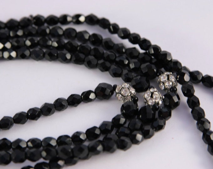 Flapper Necklace Black Glass Beaded 48" Long Totally Only Black Necklace Silver Rhinestone Beads Long Waist Length Jet Black Shiny Necklace