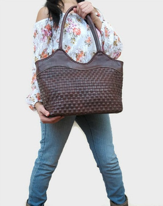 brown leather woven bag