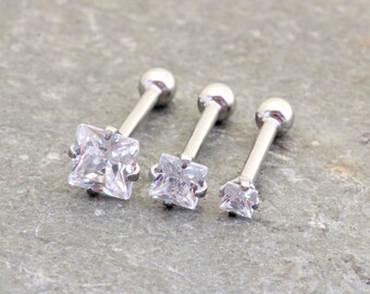 Square Swarovski,Triple Helix Earring,Forward Helix Earring,Double Helix,Internally Threaded Barbell,Surgical Steel Piercing Jewelry 16G,18G