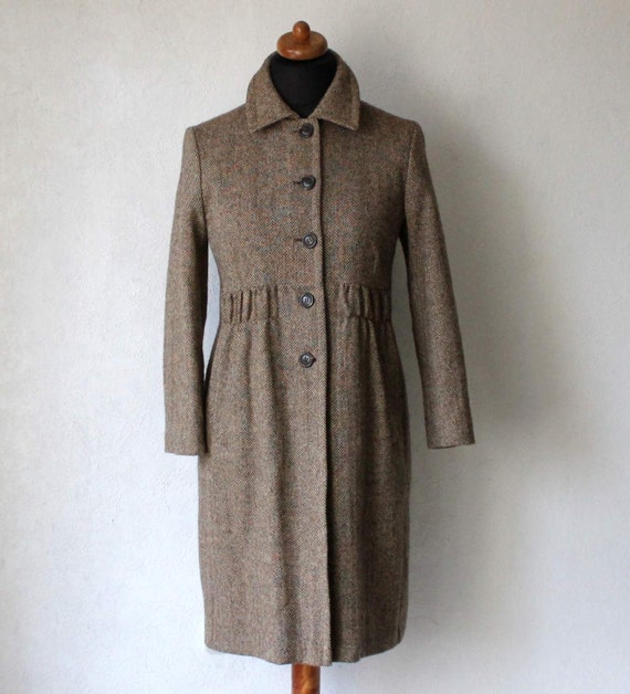 Women's Wool Tweed Coat Brown Beige Herringbone