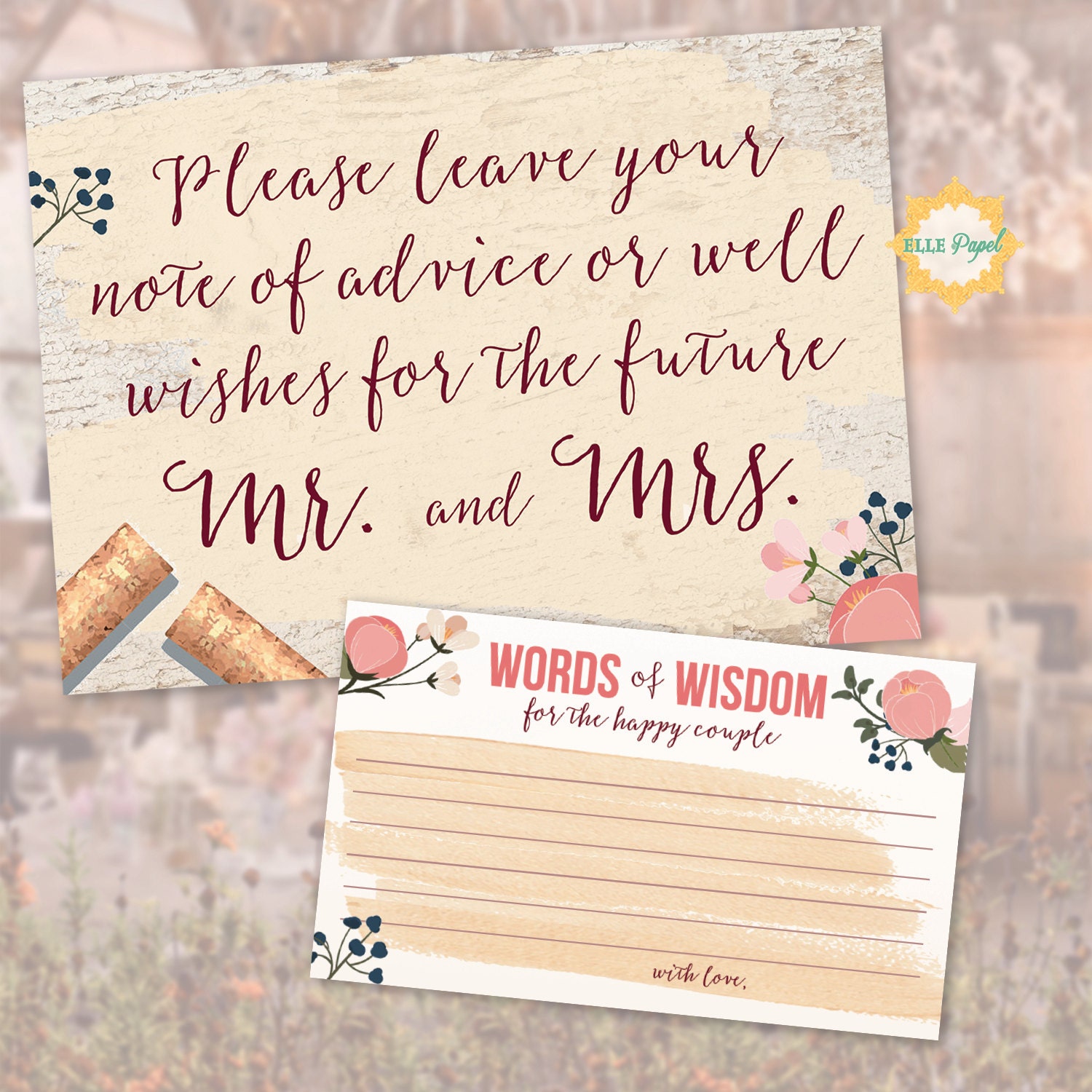 Leave Well Wishes Sign and Words of Wisdom Cards Wine Rustic Vineyard Theme for a Bridal Shower