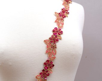 Tri Colored Magenta, Pink and Gold Flower Lace Trim With Gold Wiring and Multiple Colored Beading. Uneven edging