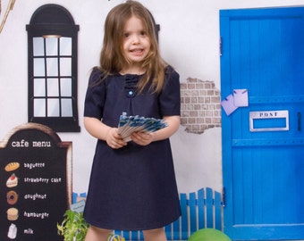 Baby girl dress with short sleeves in navy blue cotton