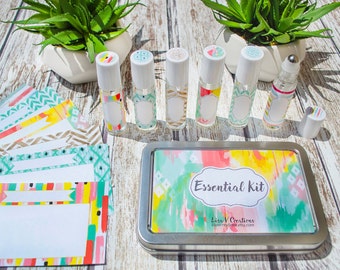 Essential Oils Kit for Travel- Roller bottles, tin, labels, and recipe cards