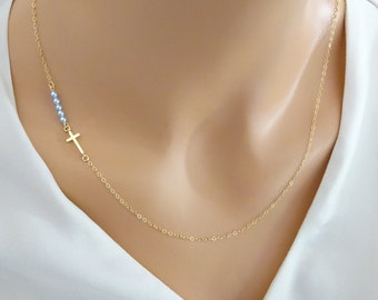 Sideways Cross Necklace, custom pearl color necklace, crystal necklace, gold fill chain, Gold Cross Necklace, Baptism jewelry