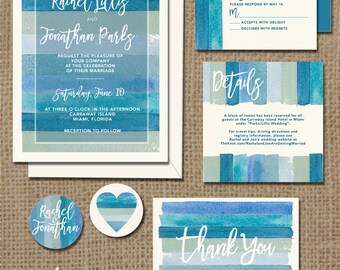 Watercolor beach wedding invitation printable | stripes ocean blue green seaglass stripe | Invite + RSVP + Details + Thank You + 2 stickers