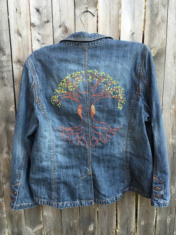 women's Hand embroidered jean jacket tree by savingmyvintageheart