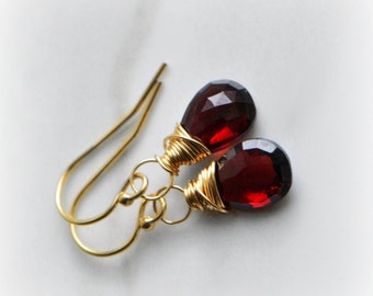 Garnet Earrings, Garnet Dangle Earrings, Gemstone Earrings Gold, Pyrope Garnet Earrings, Gift for Her, Pyrope Garnet Earrings by Blissaria